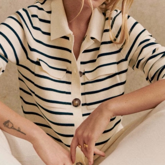 Sezane Betty Navy Striped Button-Up Cardigan - Picture 3 of 11